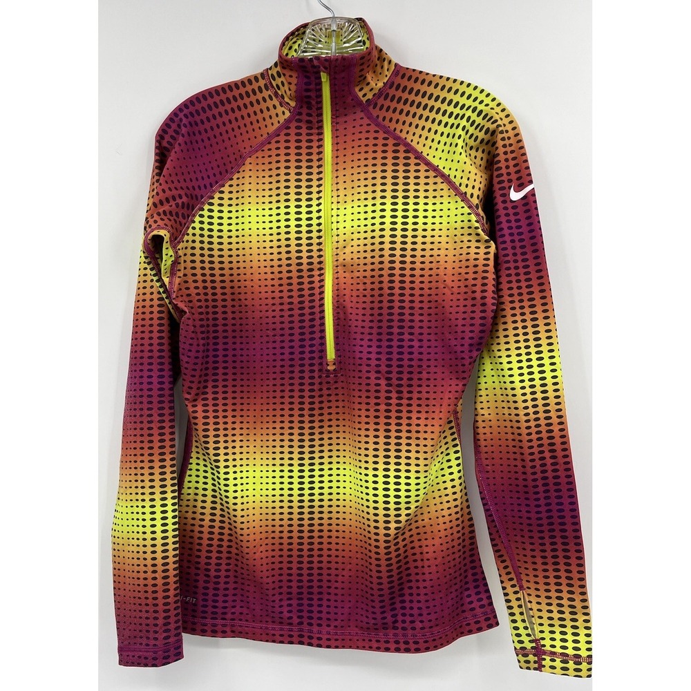 Nike Pro Shirt Size Medium Pink Yellow Dri Fit Stay Warm 1/2 Zip Pullover Active